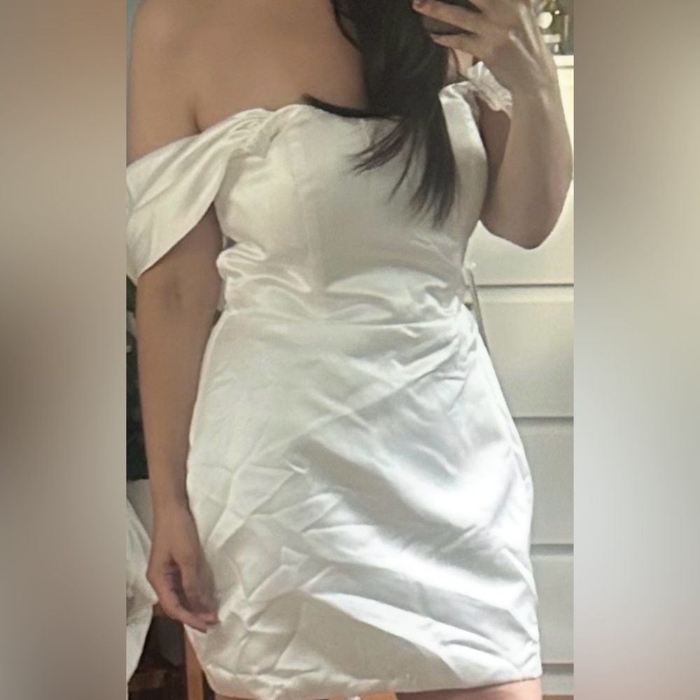 White off shoulder satin dress